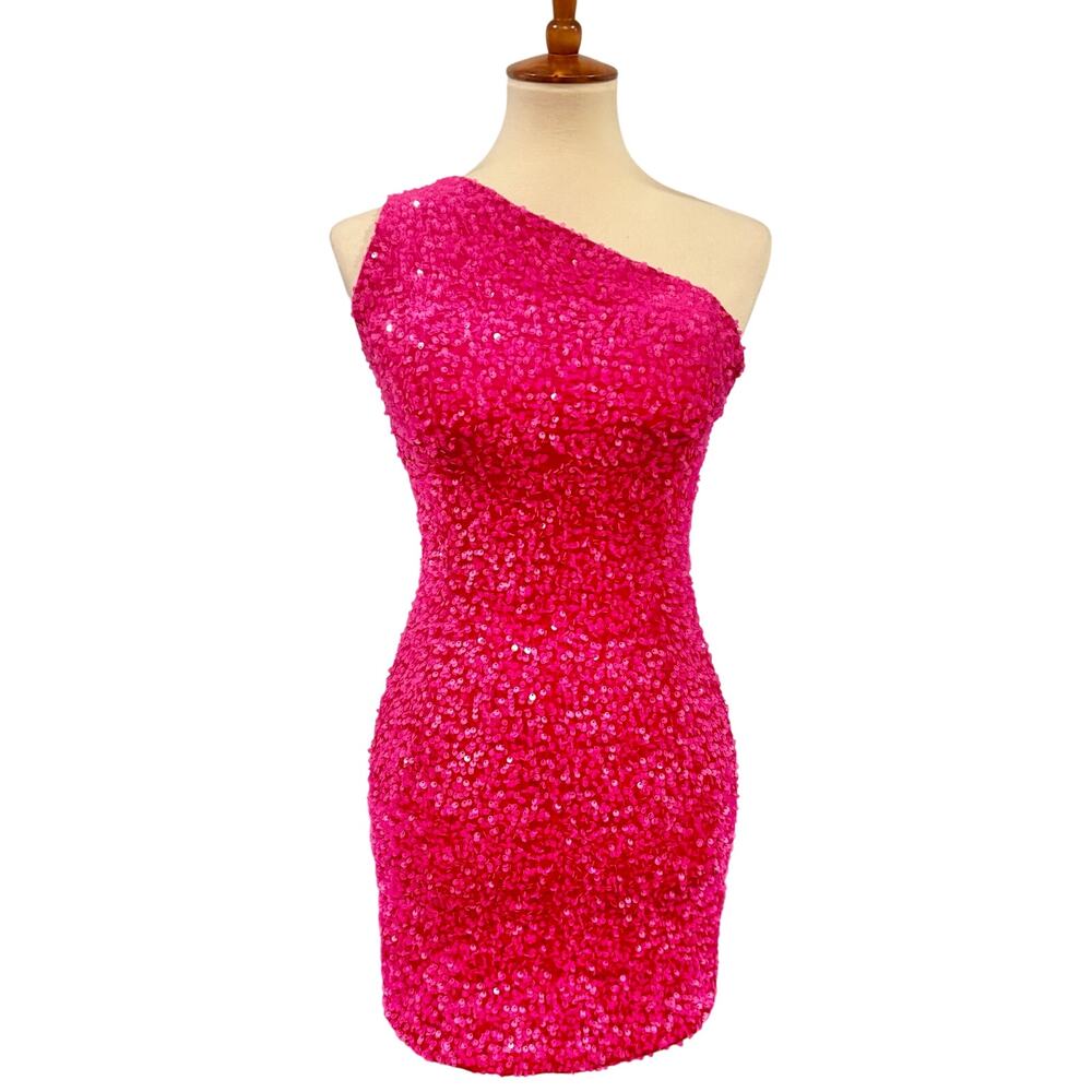 Hot Pink Sequin One Shoulder Mini Dress Barbiecore Y2K Party Hoco, Size S